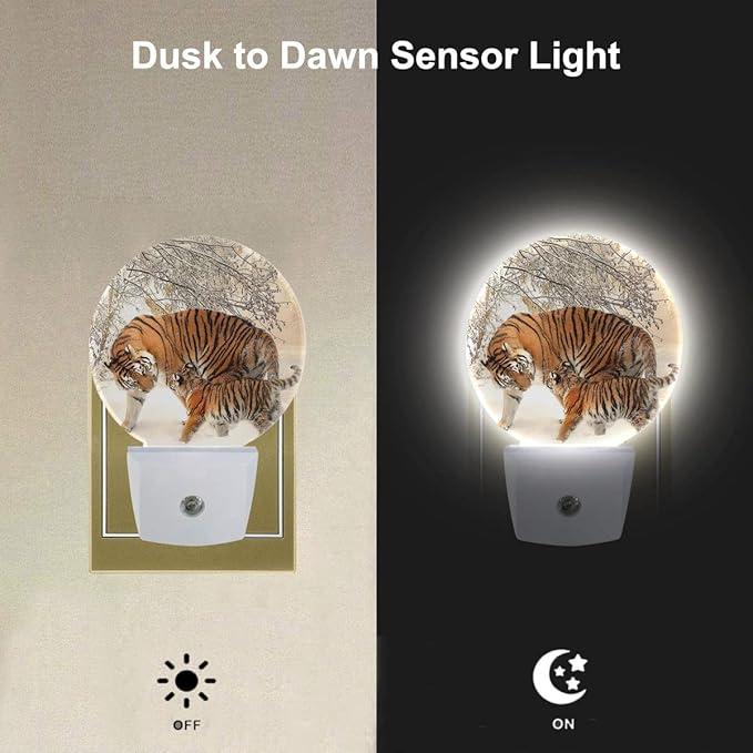 EKOBLA Tiger Night Lights Plug into Wall Tigers Mother and Son Walk in The Snow Night Light for Boys Girls Led Night Light, Dusk to Dawn Sensor Nightlight for Stairway Hallway Kitchen