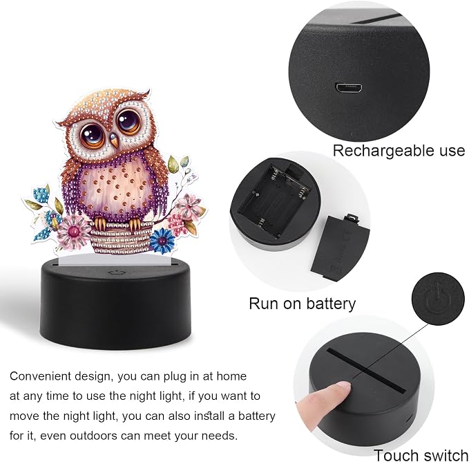 JISHSHAY Diamond Painting Night Light Diamond Art Table Lamps Gem Art LED Lights Gem Painting Desk Lamp Mosaic Kits for Adults DIY Kits for Adults Paint by Numbers, with Special Shaped Crystal, Owl
