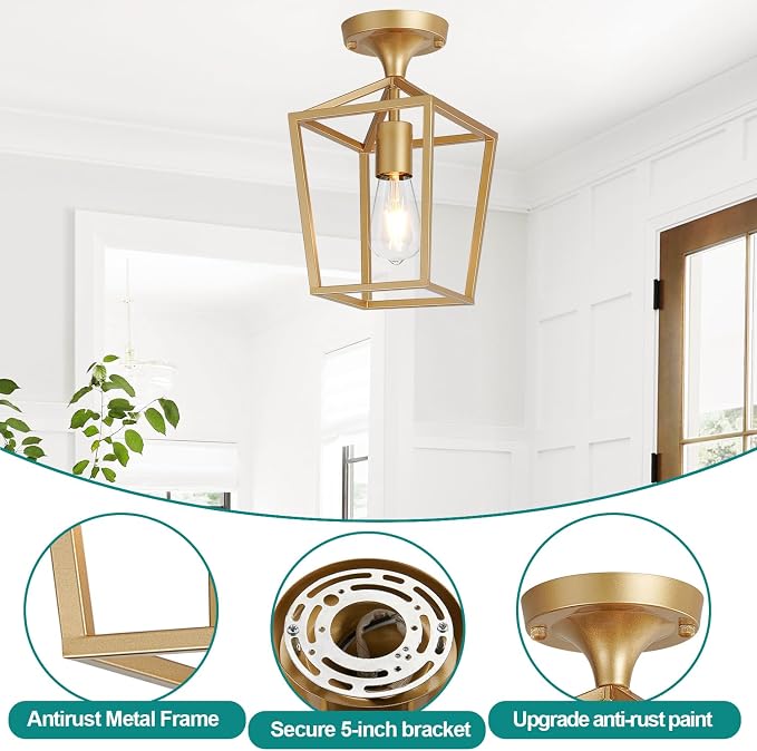 【Upgraded】Semi Flush Mount Ceiling Light,Gold Industrial Ceiling Light Fixtures, Farmhouse Light Fixture for Hallway Stairway Garage Living Room Dining Room Balcony（Not waterproof, Not for Outdoor）