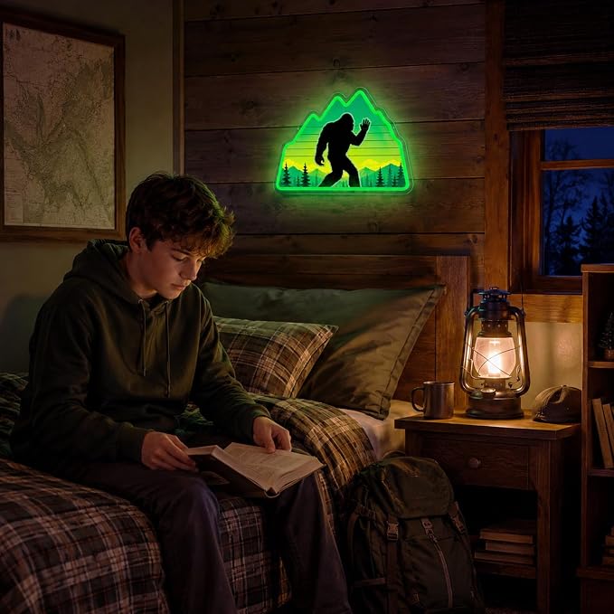 Bigfoot Neon Sign Green LED Sasquatch Neon Sign Forest Nature Room Decor | UV-Printed Sasquatch Neon Sign Dimmable Green Neon Light with Mountain Wilderness Design for Game Room Man Cave Bedroom Cabin