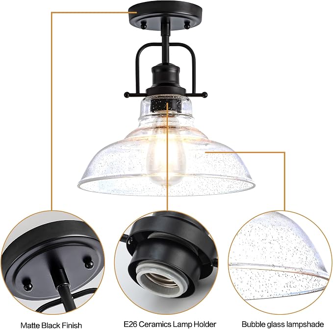 Zlepmlla Flush Mount Ceiling Light Fixture < Bulb NOT Included >, Black Metal Frame Ceiling Light Fixture with Seeded Glass, Farmhouse Light Fixture for Kitchen Island Entryway Porch Foyer