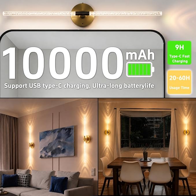 Rechargeable Wall Lights Battery Operated Sconce 2Pack(Gold Bubble Crystal) | 10000mAh Wireless Wall Lights With Touch & Remote, 4CCT, 360° Rotatable Wall Lamp for Bedroom Living Room Hallway 31.5in