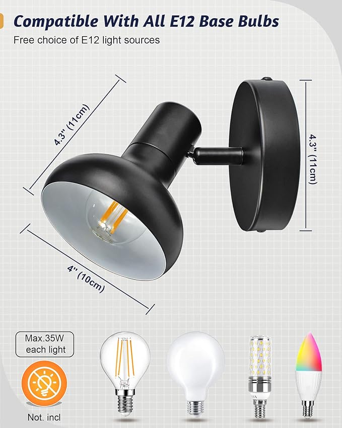 HiBay 1-Light Track Lighting Black, Modern Directional Spot Light Fixture, Ceiling Wall Spotlight for Bedroom Bedside Kitchen Hallway, E12 Base (Bulb Not Included)