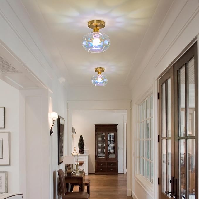 7.9″ Small Semi Flush Mount Ceiling Light ,Rainbow Hallway Light Fixtures | Art Deco Stained Hammered Glass,Whimsical,Vintage Gold Mid Century Lighting for Closet Cottage Entryway Laundry Room Foyer