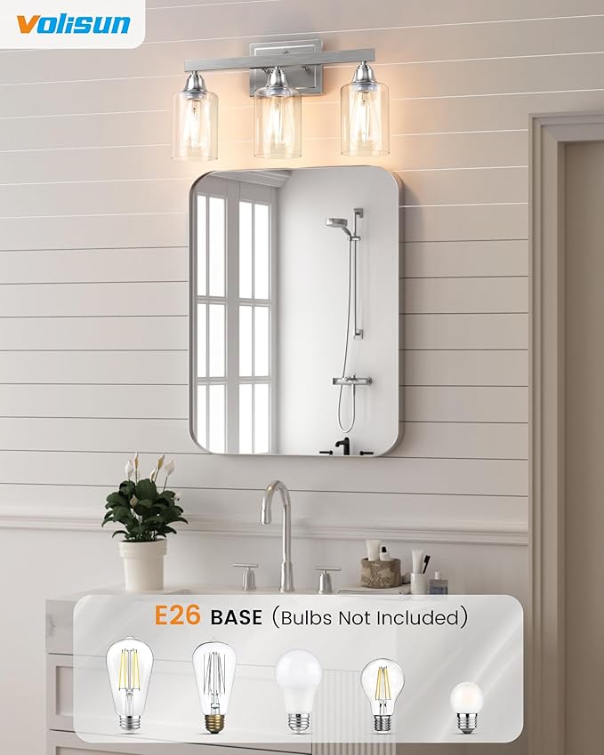 VOLISUN Brushed Nickel Bathroom Light Fixtures, 3-Light Bathroom Vanity Light Over Mirror, Modern Vanity Lights for Bathrooms, Bathrooms Lights Fixtures Over Mirror with Clear Glass Shades