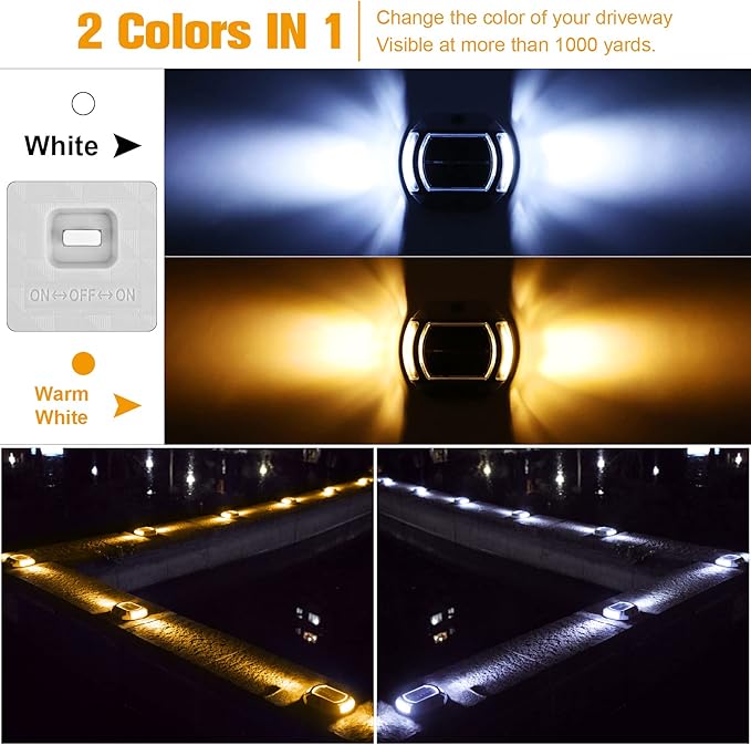 VOLISUN Solar Driveway Lights Dock Deck Lights 4-Pack,2 Colors in 1,LED Solar Powered Waterproof Outdoor Warning Step Light for Driveway Sidewalk Pathway (White/Warm White),Auto On/Off