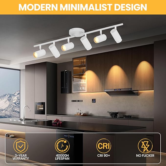 5-Color Zoomable 6 Light Track Lighting Fixtures Ceiling for Kitchen, Dimmable LED Track Lighting Kit, Ceiling Spotlight Flush Mount Adjustable Directional Spot Lights Indoor, CRI90 45W, White