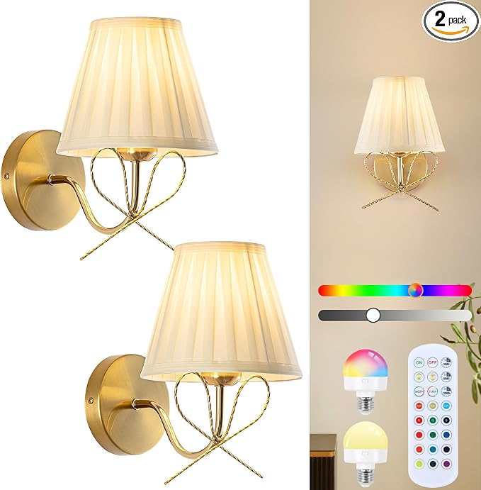 Cordless Battery Operated Wall Sconces Set of Two, Vintage Gold Sconces Wall Decor, Rechargeable Dimmable LED Lights with 15 Colors, Bow Wireless Wall Lamp for Bedroom Living Room Hallway