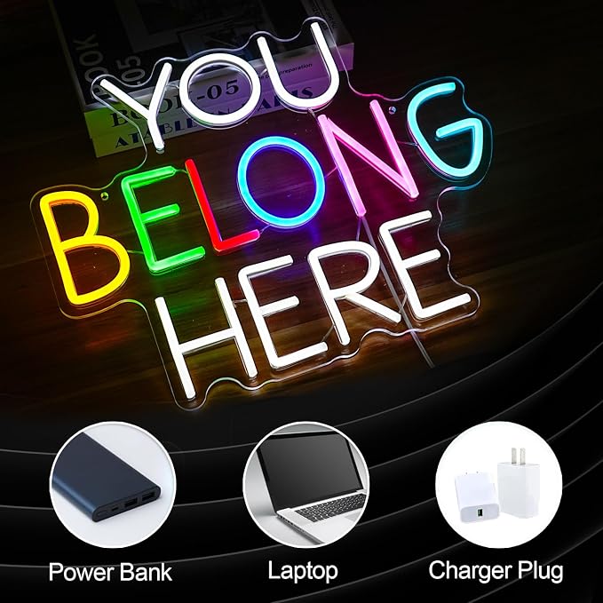 You Belong Here Neon Sign Dimmable Colourful LED Neon Light Sign for Wall Decor USB Powered Letters Neon Light for Bedroom Party Classroom Bar Neon Decor