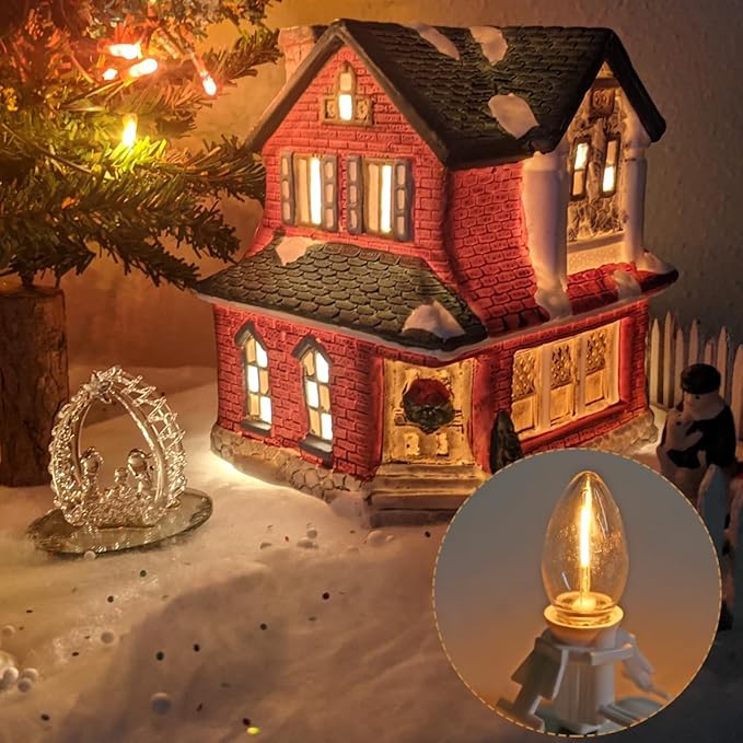 Accessory Cord with 3 LED Night Light Bulbs - White Cord with On/Off Switch- C7 led Bulb Warm White 2700K with Spare Fuse for Holiday Decoration and Craft Village House Decoration