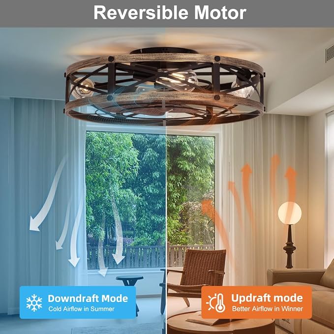SHLUCE 22" Farmhouse Ceiling Fan with Light, Rustic Caged Bladeless Low Profile Ceiling Fans with Lights and Remote, Modern Flush Mount Ceiling Fans with Lights for Bedroom, Living Room - ETL