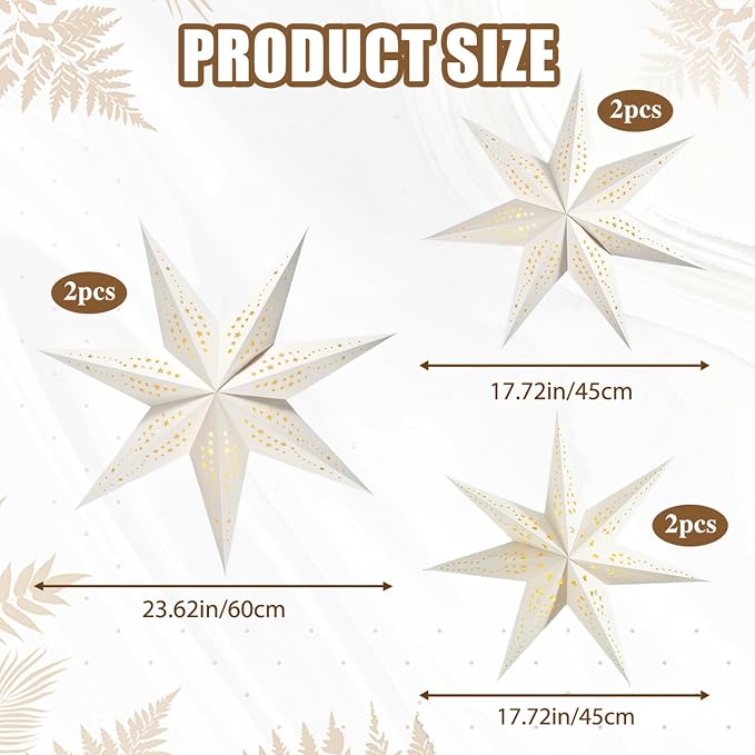 Large Paper Star Lanterns with Lights, 3D Hollow Out Christmas Paper Lanterns, 6Pcs Foldable Decorative Christmas Hanging Decorations for Xmas Wedding New Year Party Home Decor Indoor