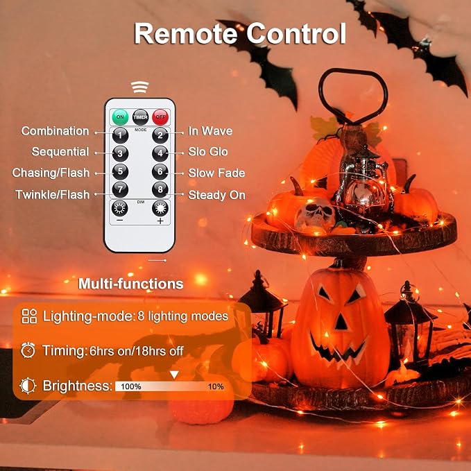 JMEXSUSS 2 Pack Orange Fairy Lights Battery Operated, Total 200 LED 66ft | With Remote & Timer, 8 Modes, Twinkle String Lights for Halloween Thanksgiving Fall Tree Dorm Classroom Indoor Outdoor Decor