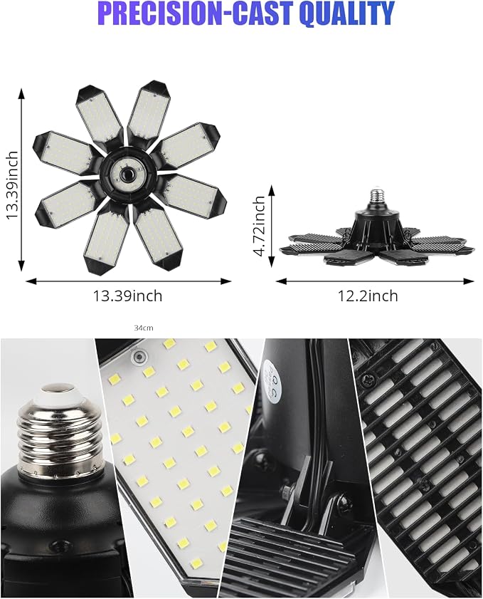 Tudoccy LED Garage Lights 2 Pack, 40000LM 8-Panel Shop Light | 6500K daylight E26/E27 screw-in bulb for workshop, basement, warehouse, attic ceiling fixture