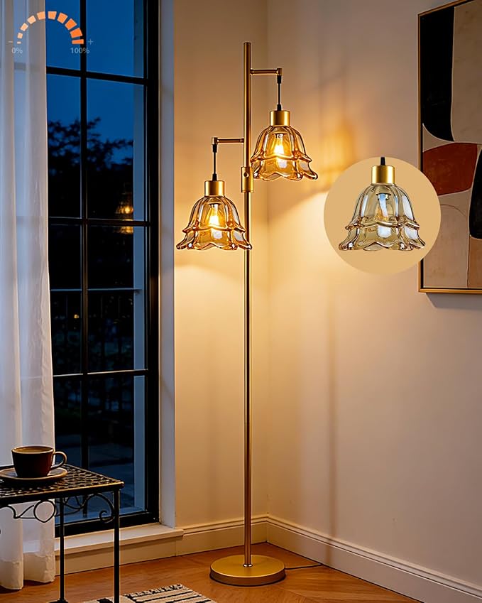 Lightdot 65IN Gold Flower Floor Lamp for Living Room, 2- Light Dimmable Floor Lamps with Brown Glass Lampshade, 3000K Warm White Modern Standing Tall Lamp for Bedroom Sofa Beside Corner Decor