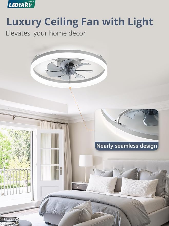 LEDIARY 20" Low Profile Ceiling Fans with Lights, APP & Remote, Grey | Flush Mount, Dimmable LED, Quiet DC Motor, Reversible, 6 Speeds, Fandelier, for Bedroom