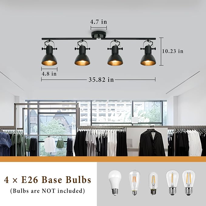 Track Lighting Fixtures Ceiling Black Track Lighting Kitchen Light Fixtures Ceiling Light 4 Light Angle Adjustable Industrial Track Lighting Kit for Living Room Gallery office Mall Billiard Table