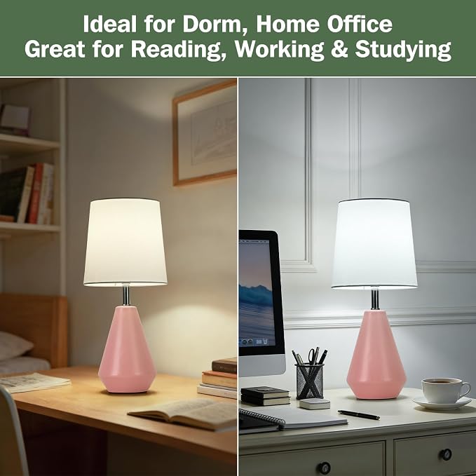 Small Bedside Table Lamp for Bedroom-Reading Desk Lamp Set of 2,with 3 Color Temperatures,15.5" Nightstand Ceramic Lamp with Fabric Shade for Kids Room,Living Room,Dorm,Home Office(Pink+White)
