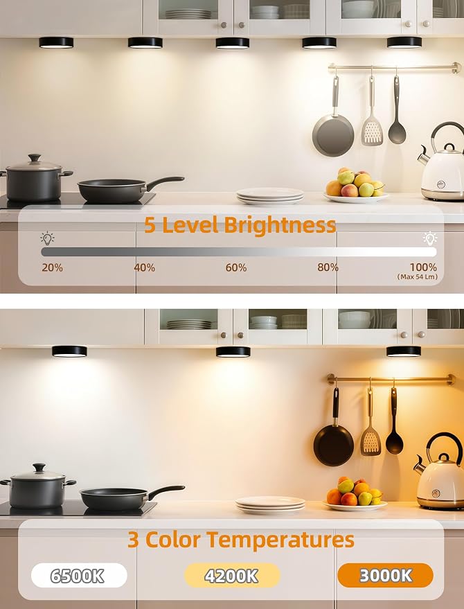 6-PACK Under Cabinet Lighting Rechargeable Puck Lights with Remote Black | 3 color temps & 12 RGB, dimmable, 15/30/60 mins timer, memory, magnetic/stick on, 3.3'' led lights for kitchen, closet, stair
