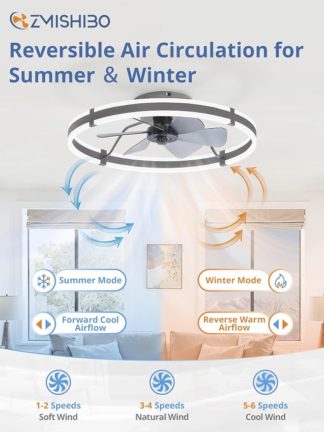 ZMISHIBO Low Profile 24'' Ceiling Fans with Lights and Remote, Gray | 3000-6000K Dimmable LED Fandelier, Quiet DC Motor, Reversible Airflow, 6 Wind Speeds, Timer, Bedroom, Living Room, Kitchen