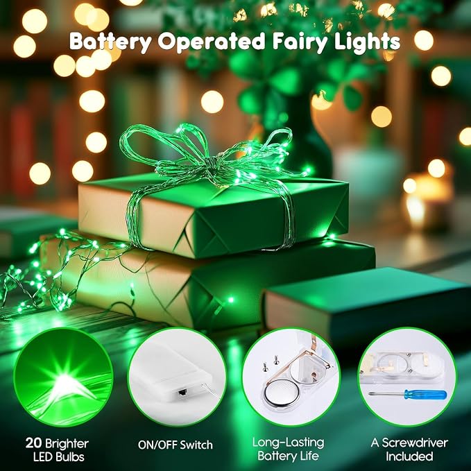 Brightown 12 Pack St. Patrick's Day LED Fairy Lights Battery Operated String Lights Waterproof Silver Wire 7 ft 20 LED Firefly Starry Moon Lights for DIY Wedding Party Bedroom Patio