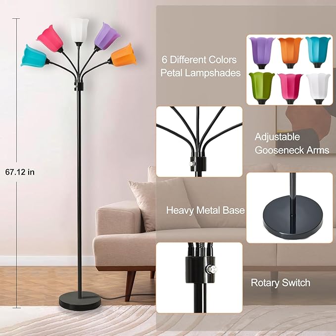 Medusa LED Floor Lamp, Multi Head Modern Tall Lamp with Adjustable Gooseneck Standing Lamps Led Tall Lamp for Living Room Bedroom Kids Room Office 6 Color Lampshades Bulb Not Included Black