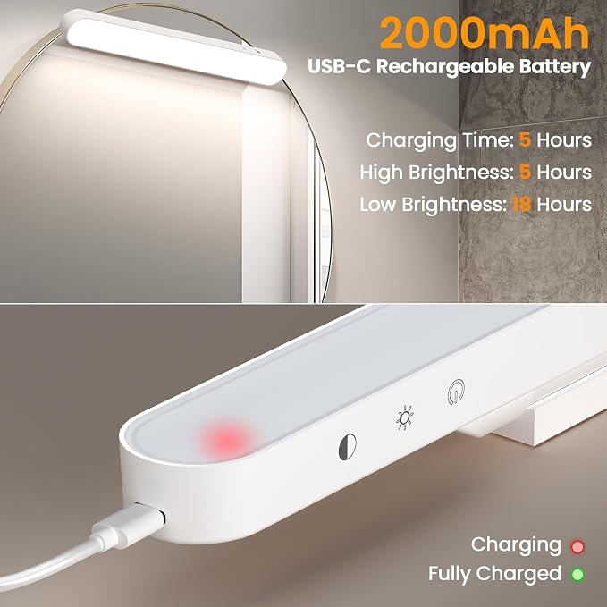 1 Pack Wireless Rechargeable Makeup Light Bar for Mirror | Vanity Lights, 3 Color & Dimming, Bathroom Magnetic Stick on Mirror Light, Gift for Women, Touch Control
