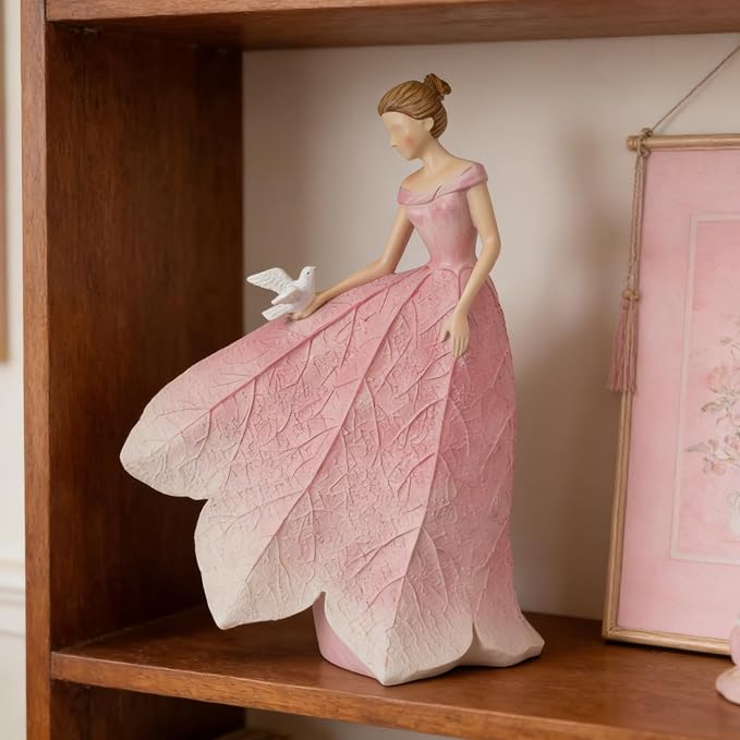 Guichifun Pink Leaf Angel Girls Fairy Statue, 8.5 x 5.25 x 12 Inch | Resin, Home Garden Decor, For Outside or Inside, Rustic Fairy Garden Figurines, Gifts for Women