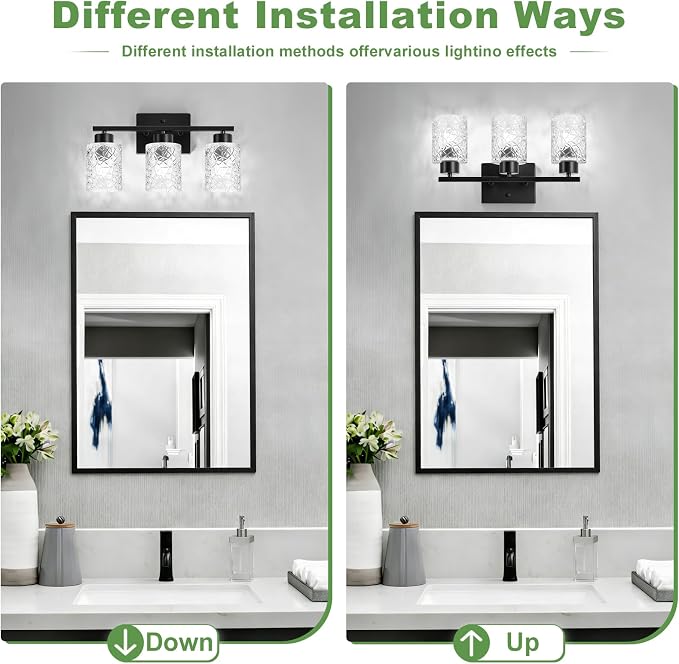 3-Light Bathroom Light Fixtures, Black Vanity Lights Over Mirror | Wall Sconces with Clear Textured Glass Shades for Living Room Bedroom Hallway,E26 Base (Bulbs Not Included)