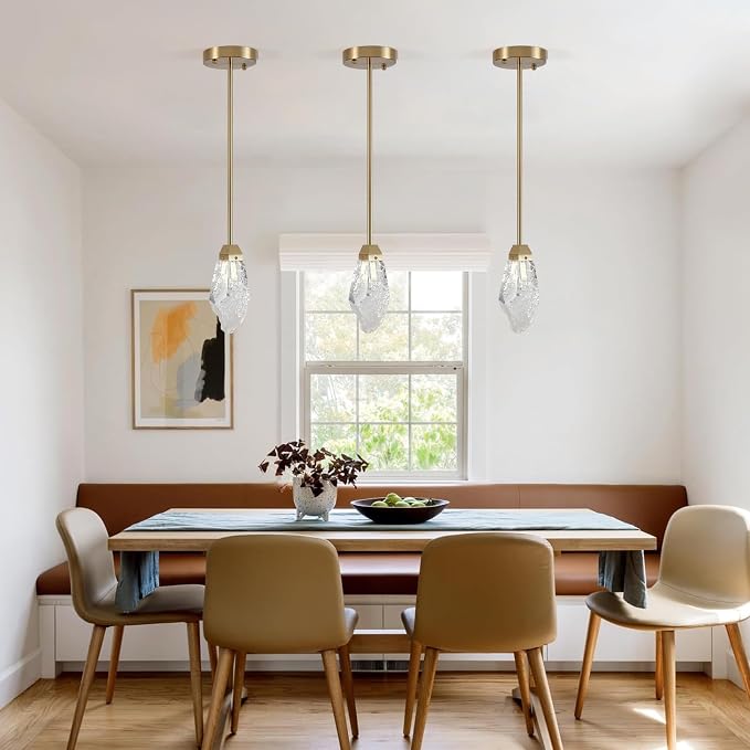 Modern 1-Light Brass Stem Rock Crystal Mini Pendant Lamp | Adjustable metal stem, textured ice crystal shade, modern brass finish, for kitchen island bedroom bathroom vanity lighting