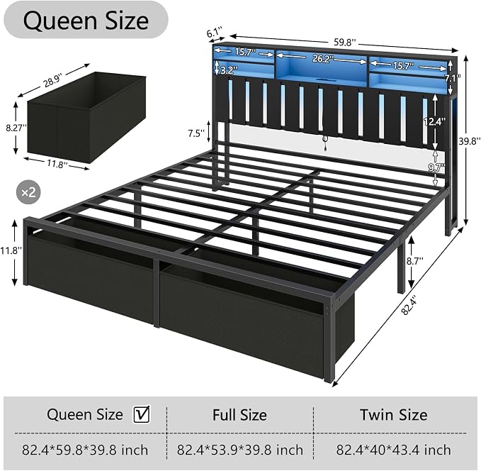 Queen Size Bed Frame with 2 Storage Drawers, Wood Headboard with LED Lights | Queen Bed Frame with Power Outlets & 2-Tier Storage Shelves, Metal Platform Bed with Under Bed Storage, No Box Spring Needed