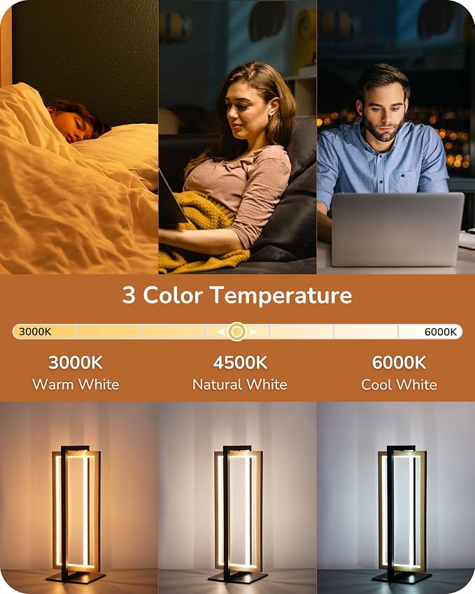 EDISHINE LED Table Lamp Set of 2, Modern Dimmable Nightstand Lamps, Gold | 3 Color Temperatures, MAX 750LM, Angle Adjustable, Dual-Frame Rectangle, Ideal for Living Room, Bedroom