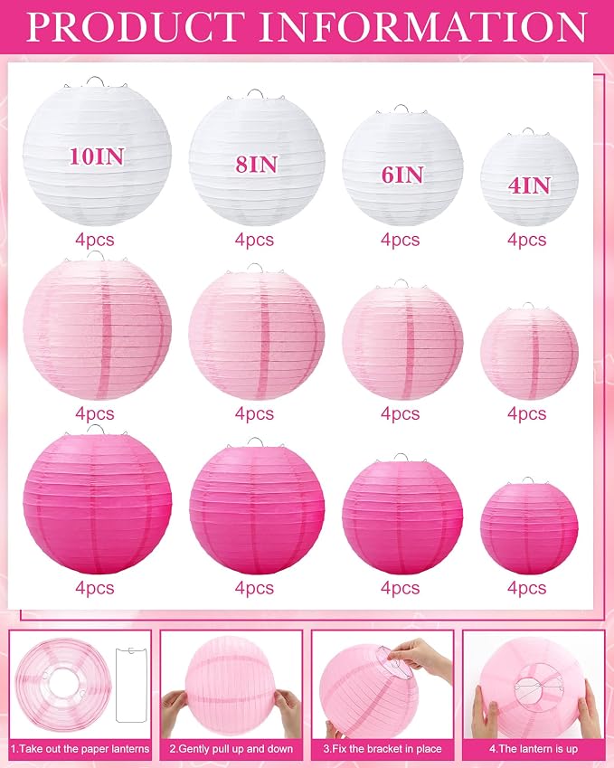 Treela 48 Pcs Paper Lanterns Party Decorations Round,Pink,White | Chinese Hanging Lamps, Wedding, Party Supplies, Birthday Bridal, 4/6/8/10 Inch, Easy Setup, Asian Decor, Festive Atmosphere