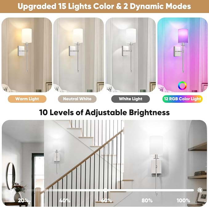 24 Inch Battery Operated Wall Sconces Set of 2 with Remote, Brushed Nickel Rechargeable Wireless Wall Lights with White Fabric Shade, Cordless Wall Lamps with Dimmable Detachable Bulbs for Bedroom