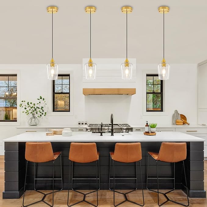2 Pack Brushed Gold Pendant Lights Kitchen Island, Glass Pendant Lighting Over Island Modern Kitchen Hanging Light Fixtures Adjustable Pendant Lights for Dining Room Bathroom Bedroom Hallway Foyer