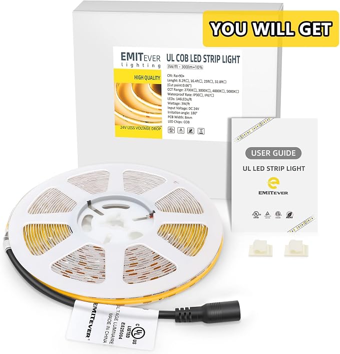 EMITEVER COB LED Strip Lights Warm White 2700K,UL 24V,8.2ft 1200LEDs | Ra 90+,IP30,3W/ft,305+Lumens/ft,5 Year Warranty(Power Supply Sold Separately)for bedroom,living room,kitchen