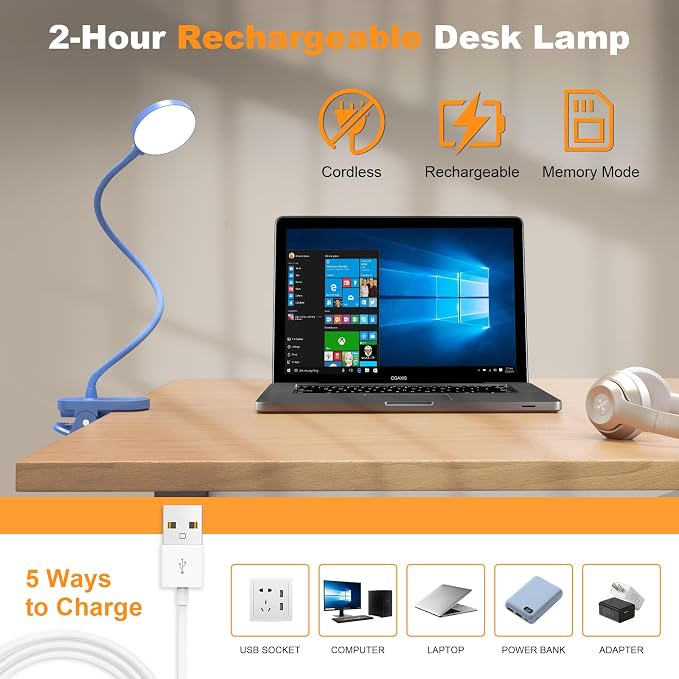 Cordless Clip on Reading Light, Rechargeable LED Book Lamp for Kids, Flexible and Dimmable Clamp Light with 3 Color Modes & 10 Brightness for Students Dorm Room Desk Bunk Bed Headboard (Blue/3.5'') | 10 Brightness Levels, Clamp Lamp with USB-C, 15.8'' ...