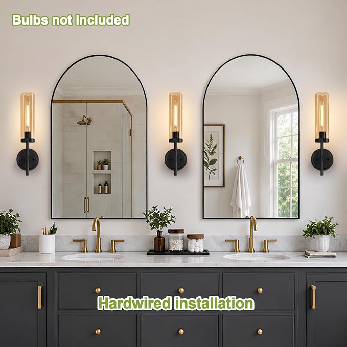 MOKATNG Hardwired Wall Sconces Set of Two, Matte Black Bathroom Sconces with Amber Glass, Modern Wall Light Fixtures for Bathroom Mirror Vanity, Living Room, Hallway, Stairway, Cabinet, Foyer