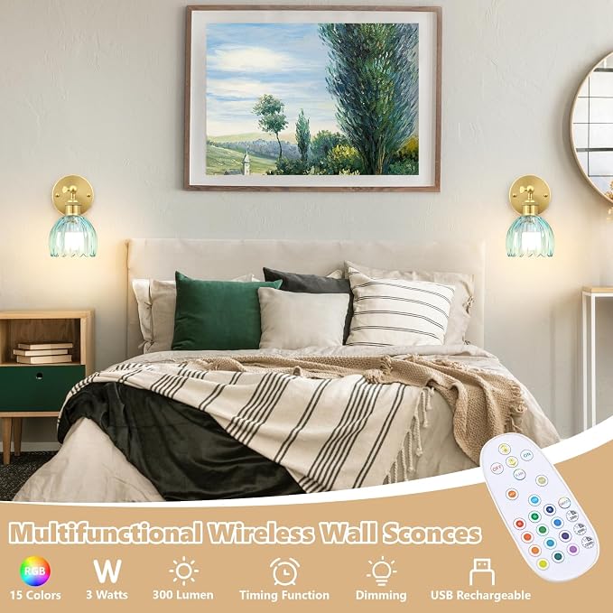Vintage Battery Operated Wall Sconce, Sky Blue Tulip Glass Lampshade Wireless Rechargeable Battery Powered LED Wall Light with Remote Dimmable for Bedside Bedroom Doorway Living Room, Set of 2