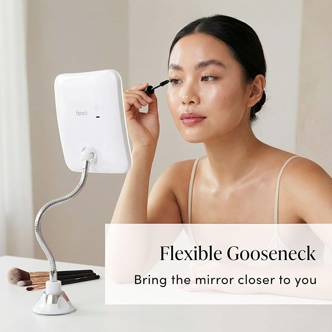 Fancii 10x Flexible Magnifying Mirror with 3 LED Light Settings, Rechargeable - Gooseneck Lighted Makeup Mirror for Bathroom, Locking Suction Mount, Cordless, 360° Rotatable (Mira 2 Plus)
