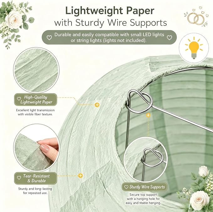 Boho Paper Lanterns Set of 12, 6/8/10 Inch Sage Green, Gold & Cream Hanging Decor for Wedding, Bridal Shower & Party