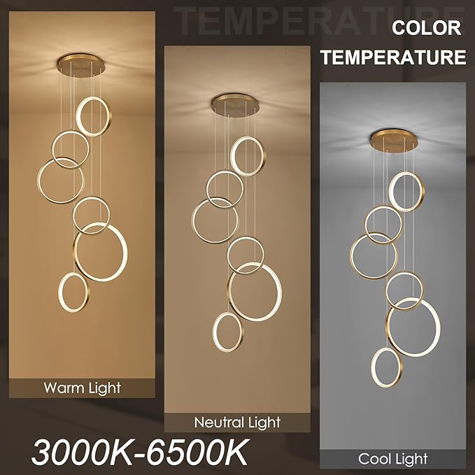 Modern LED Chandelier 6 Ring Gold LED Pendant Light Adjustable Height Hanging Ceiling Light Fixture Dimmable Chandelier Ceiling Hanging for Foyer, Entryway (98.5in 3000K-6500K)