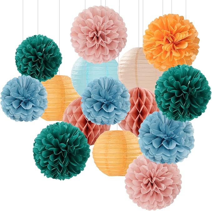 Dusty-Blue Orange Teal Party-Decorations Paper-Flowers - 15pcs Fall Rose Gold Blush Pink Birthday Baby Bridal Shower Tissue Pom Poms Lanterns Streamers,Wedding Bachelorette Hanging Supplies Hugfond