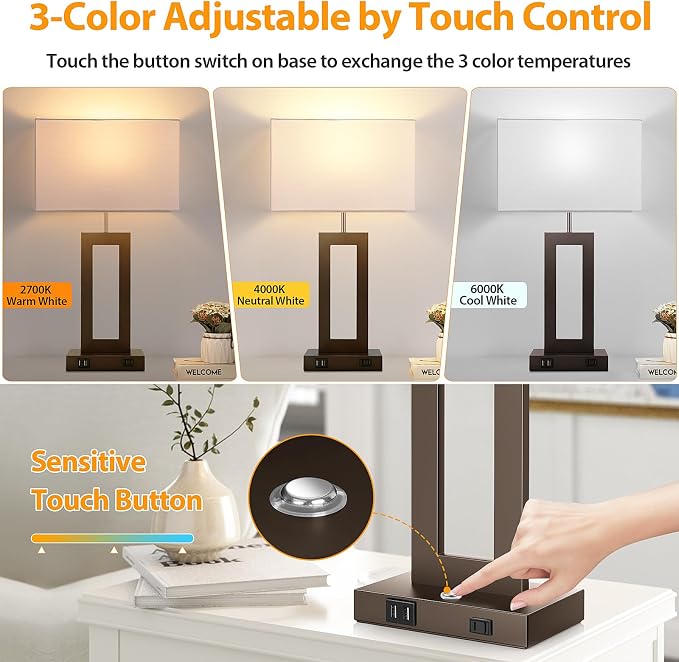3 Color Temperatures Brown Table Lamps for Bedrooms Set of 2, 22’’ Touch Control Bedside Nightstand Lamps with 2 USB Ports & AC Outlet, Modern Lamp Sets for Living Room, Stepless Dimming, White Shade