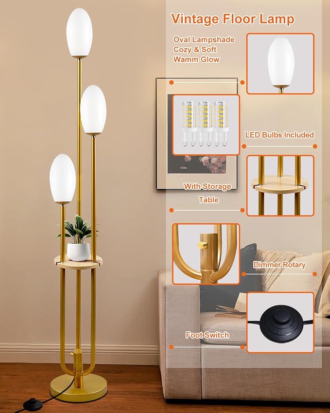 Lightdot Gold Dimmable Floor Lamp with Table, 63IN Mid-Century Oval Floor Lamps with Bulbs Included, 3-Lights Modern Tall Standing Lamp with 5Lbs Heavy Base for Living Room/Sofa Beside/Corner Decor