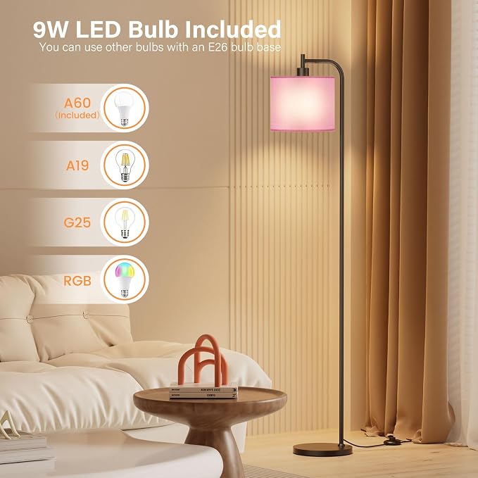 Floor Lamp for Living Room, Tall Standing Lamp with Linen Shade | Dimmable with Remote Control, 3 Color Temperatures, 9W LED Bulb Included, Ideal for Bedroom, Office and Reading Corner