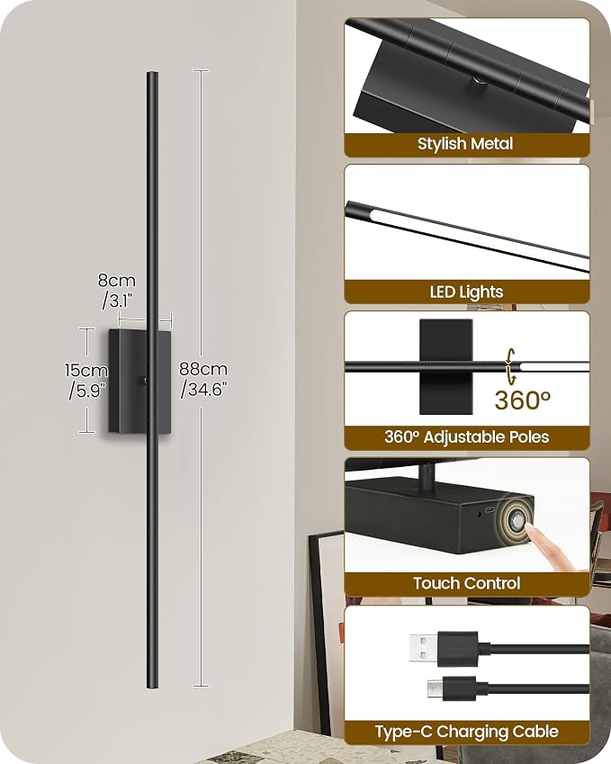 34.6" Wireless Battery Operated Wall Sconces Set of Two,Rechargeable Lamp with Remote, 360° Rotation, 10000mAh Battery, Touch Dimmable Lights for Living Room Hallway Bedroom, Black B05YBP205