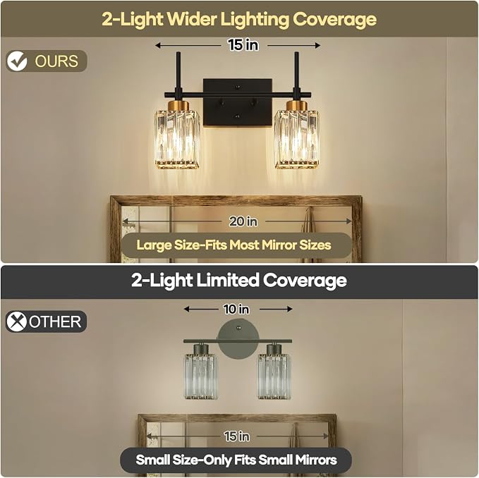 Torondo Modern Crystal Bathroom Vanity Light 2-Lights Gold Bathroom Light Fixtures Over Mirror Black and Gold Vanity Lighting Fixtures Gold Square Shade Brass Wall Sconce (Bulbs Not Include)