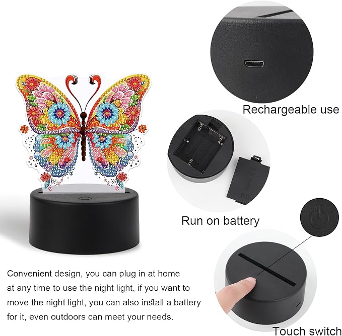 JISHSHAY Diamond Painting Night Light Diamond Art Table Lamps Gem Art LED Lights Gem Painting Desk Lamp Mosaic Kits for Adults DIY Kits for Adults Paint by Numbers Special Shaped Butterfly