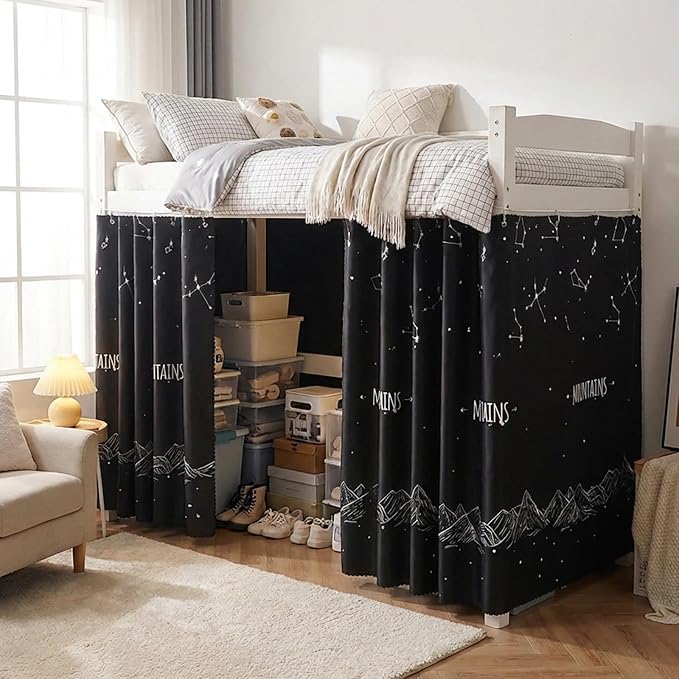 Dorm Blackout Privacy Bottom Bunk Bed Curtains - 2 Panels 78.7"x45.3", No Drill Installation for Twin Loft Beds, Light Blocking Under Bed Canopy with Hanging Hooks & Ropes